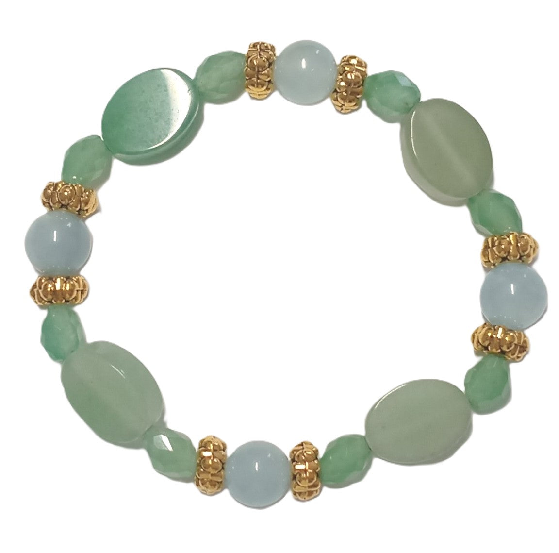 Schönes Armband aus Aventurin und Aquamarin mit Goldperlen
