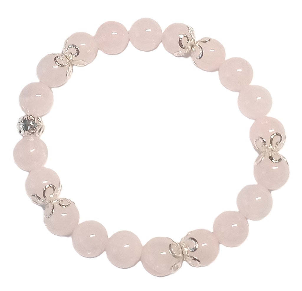 Armband aus Rosenquarz mit silbernen Perlkappen und 1 Silberperle