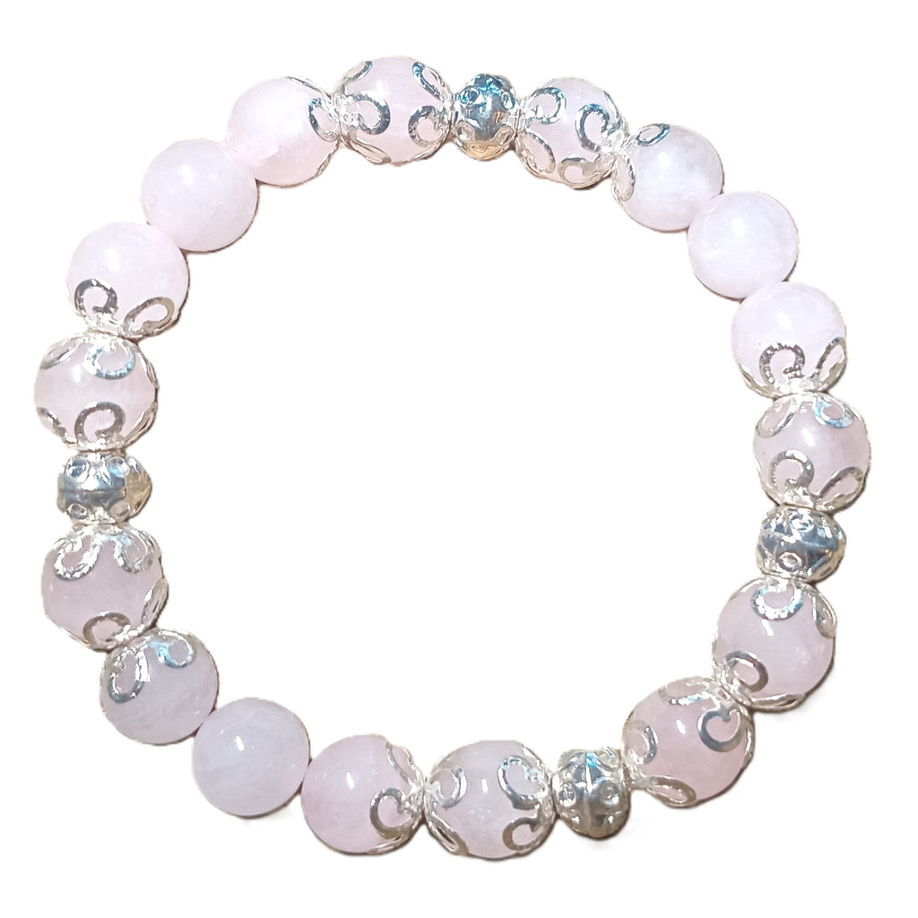 Armband aus Rosenquarz mit silbernen Perlkappen und Silberperlen