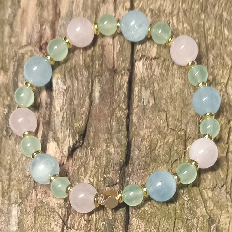 Schönes Armband Edelsteine bunt in Pastellfarben, Jade, Aquamarin, Rosenquarz, Gold