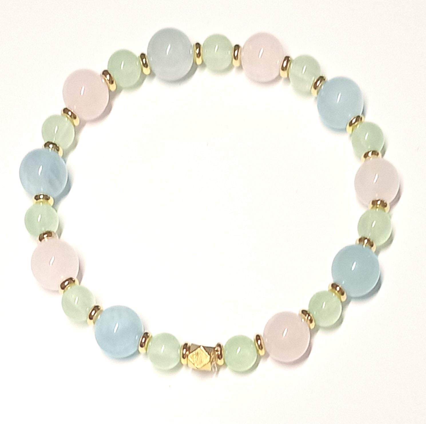 Schönes Armband Edelsteine bunt in Pastellfarben, Jade, Aquamarin, Rosenquarz, Gold
