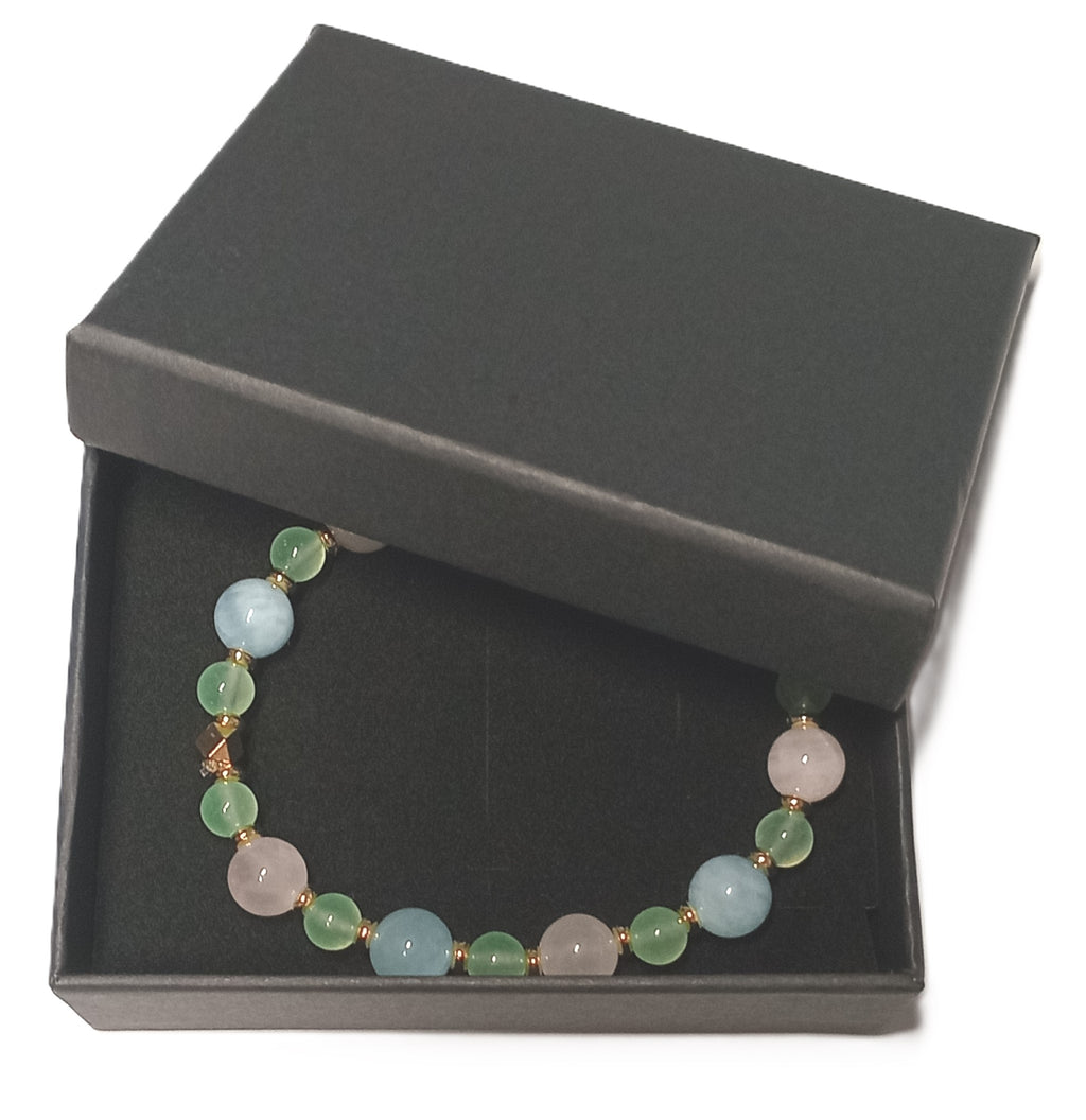 Schönes Armband Edelsteine bunt in Pastellfarben, Jade, Aquamarin, Rosenquarz, Gold