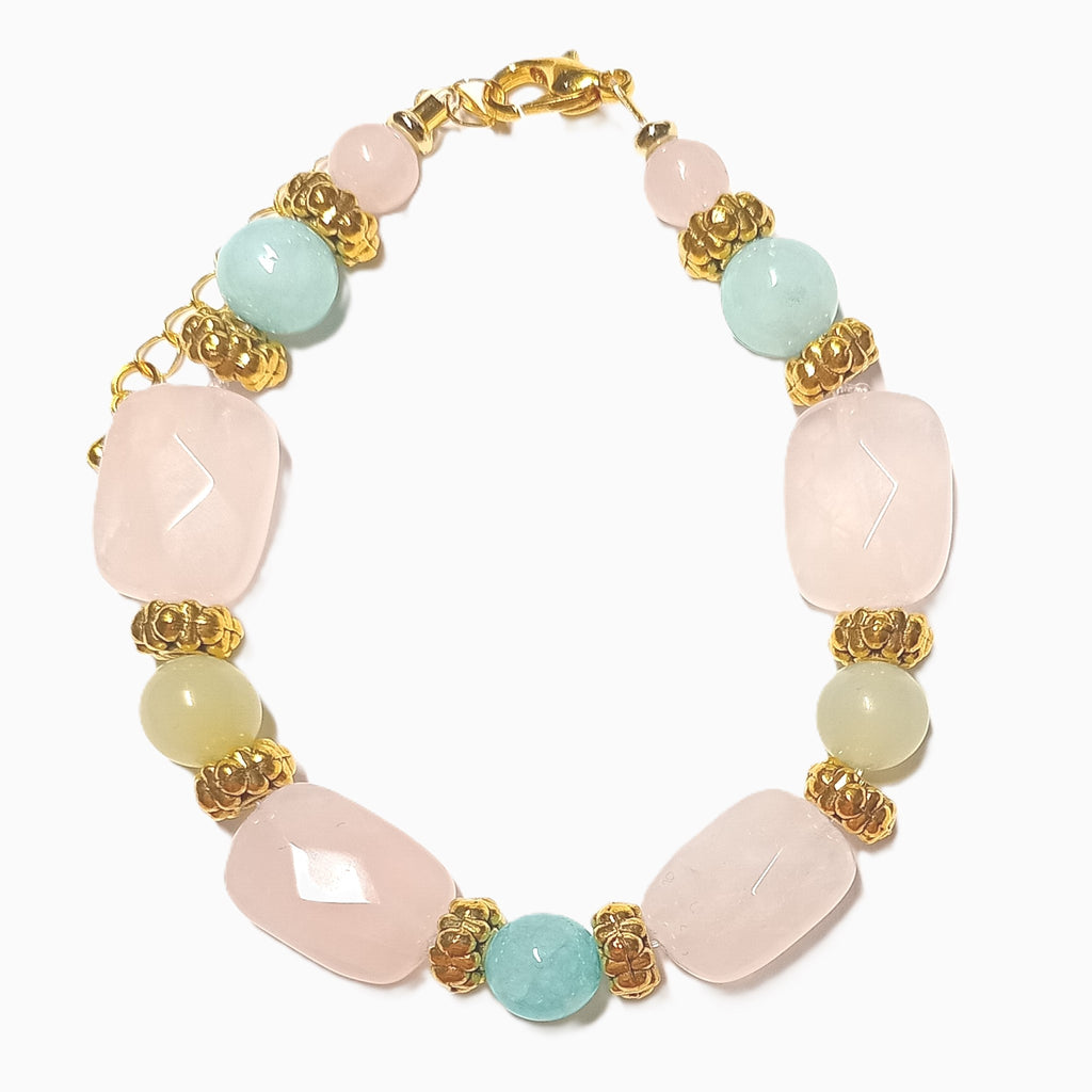 Armkette aus Rosenquarz, Amazonit und Jade mit Goldperlen