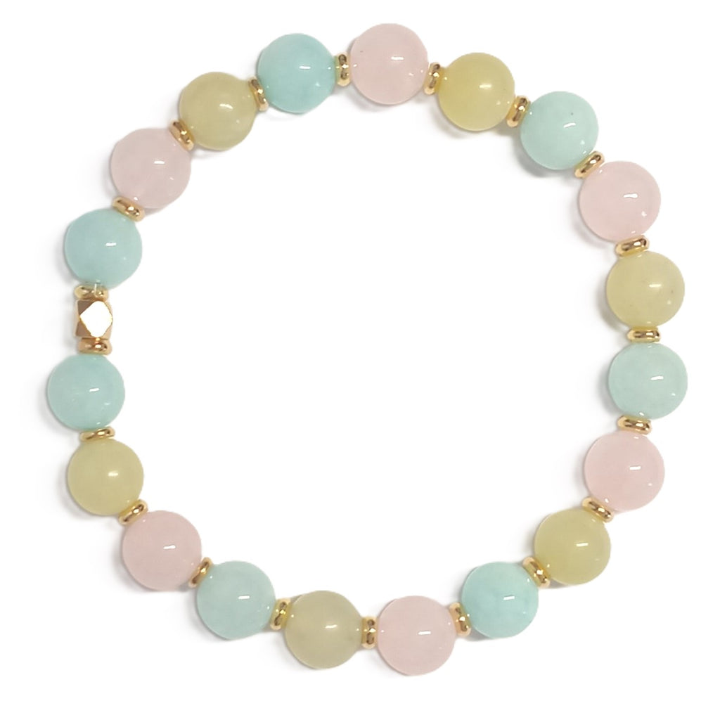 Buntes Amazonit - Armband mit Jade und Rosenquarz und Goldperlen