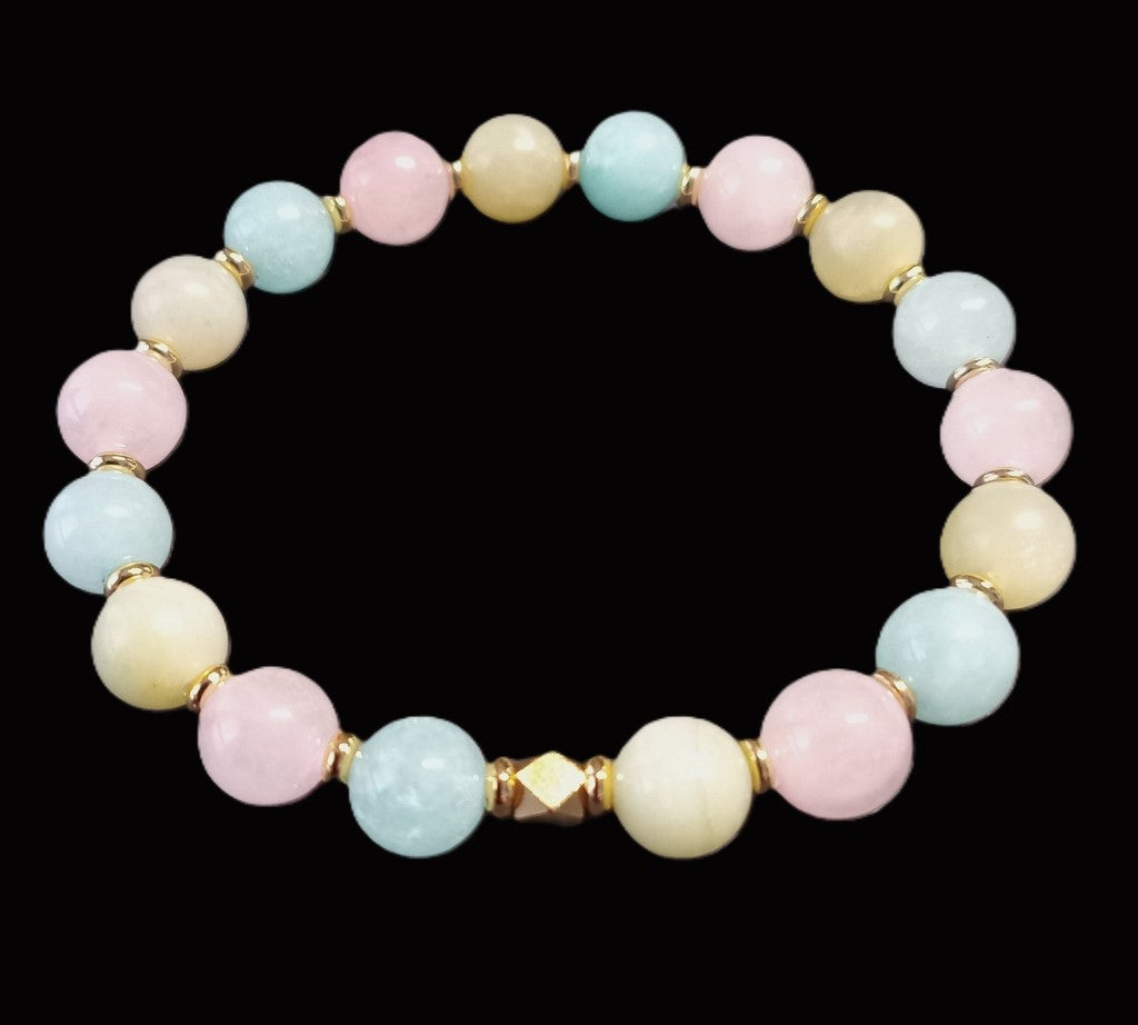 Buntes Amazonit - Armband mit Jade und Rosenquarz und Goldperlen