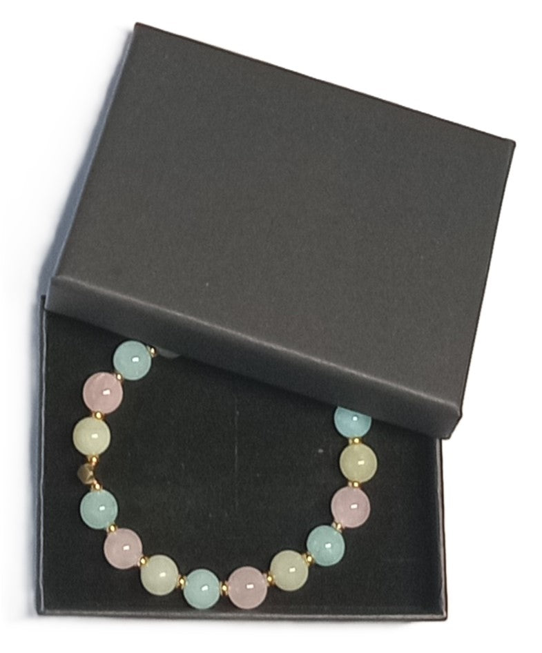 Buntes Amazonit - Armband mit Jade und Rosenquarz und Goldperlen