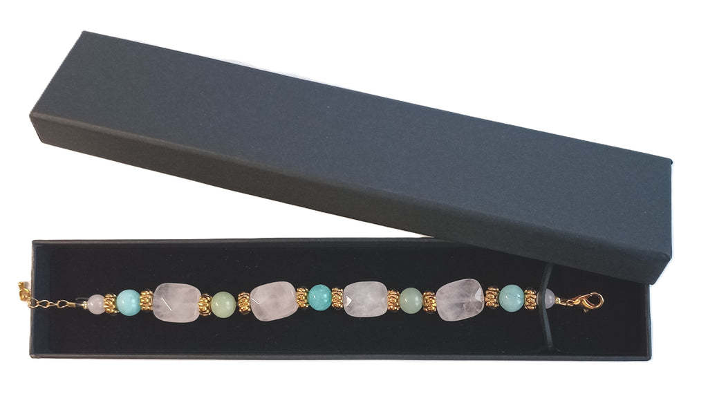Armkette aus Rosenquarz, Amazonit und Jade mit Goldperlen