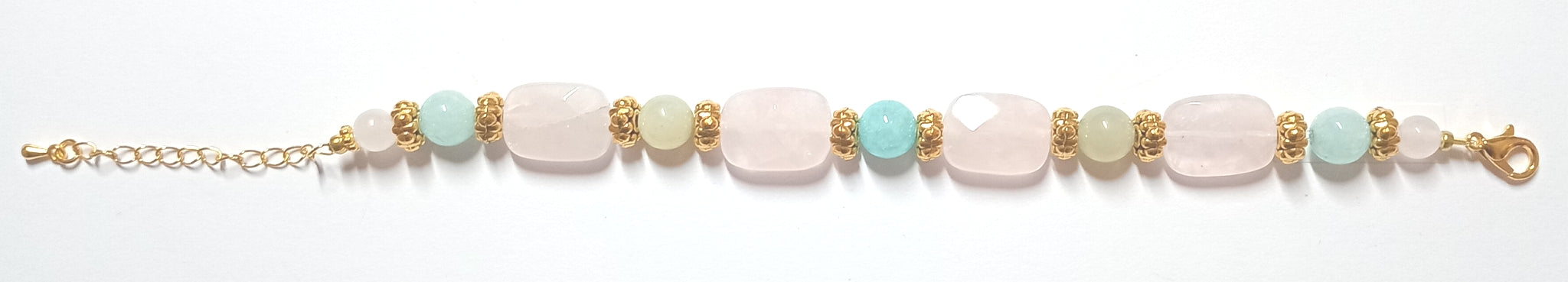 Armkette aus Rosenquarz, Amazonit und Jade mit Goldperlen
