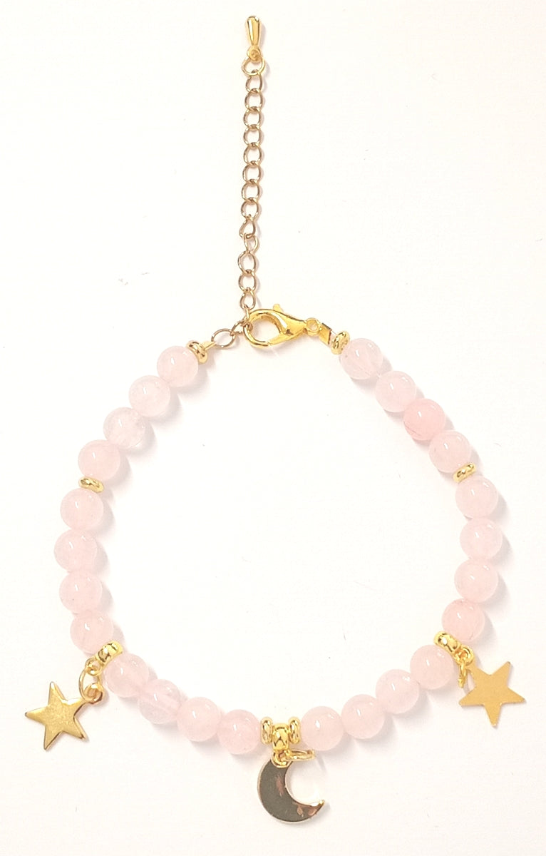 Armkette aus Rosenquarzperlen mit goldenen Charms