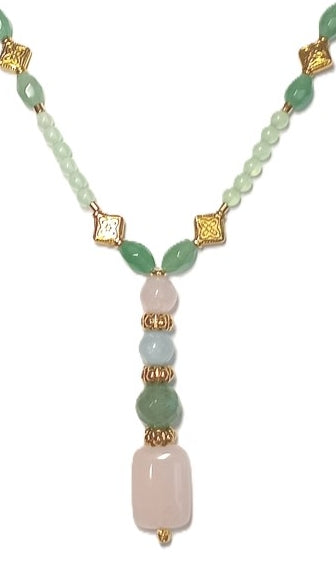 Halskette aus schönem glänzenden Aventurin mit Rosenquarz, Amazonit und Gold - Details