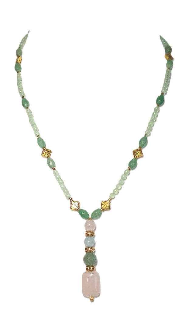 Halskette aus schönem glänzenden Aventurin mit Rosenquarz, Amazonit und Gold - Details