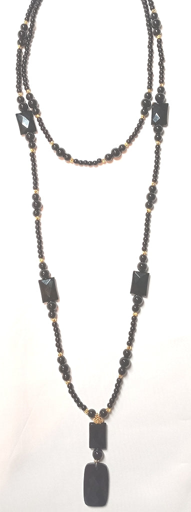 Lange doppelte Halskette aus schwarzem Onyx, doppelt, mit tollem Glanz