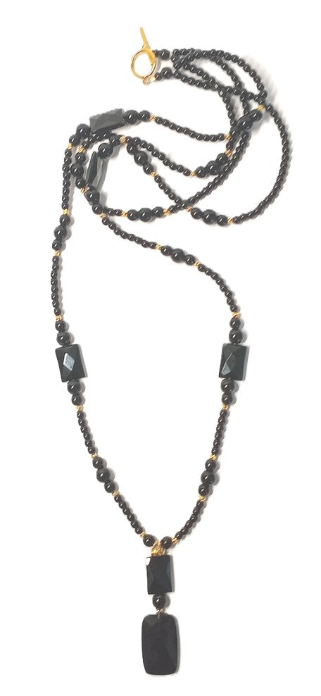 Lange doppelte Halskette aus schwarzem Onyx, doppelt, mit tollem Glanz