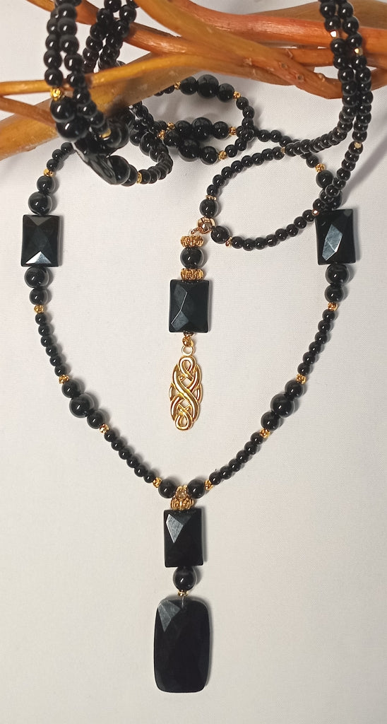 Lange doppelte Halskette aus schwarzem Onyx, doppelt, mit tollem Glanz