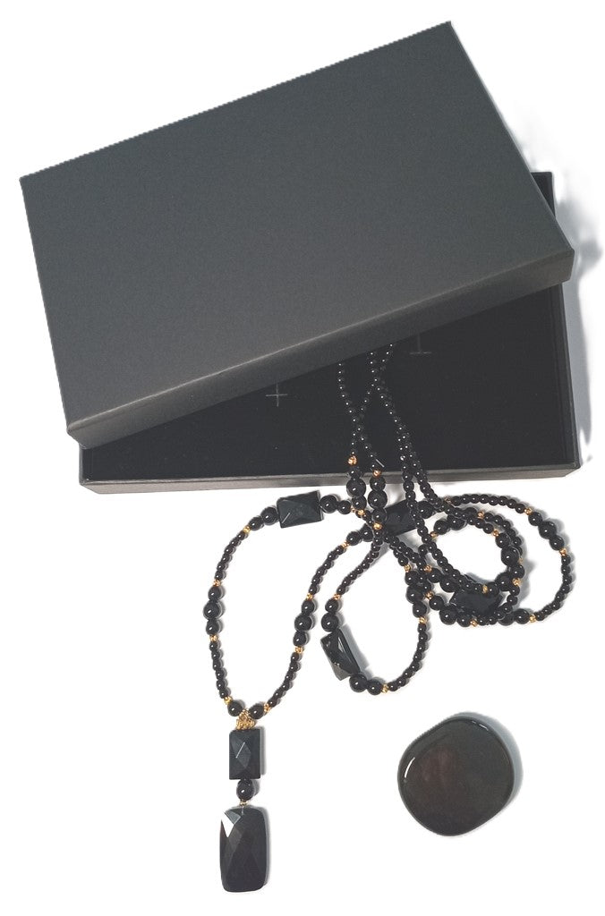 Lange doppelte Halskette aus schwarzem Onyx, doppelt, mit tollem Glanz