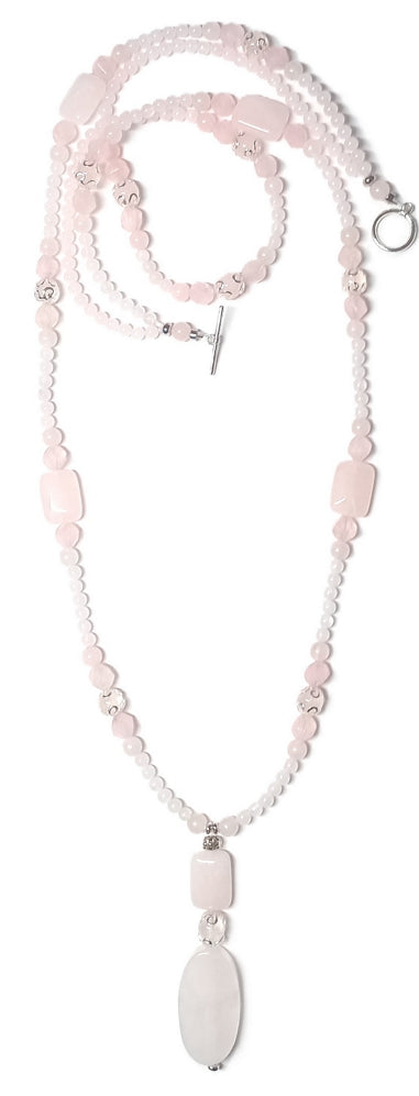 Doppelte Rosenquarz Halskette lang mit ovalem Anhänger und tollem Glanz