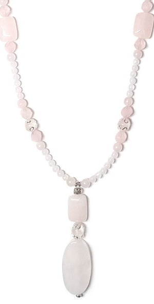 Doppelte Rosenquarz Halskette lang mit ovalem Anhänger und tollem Glanz